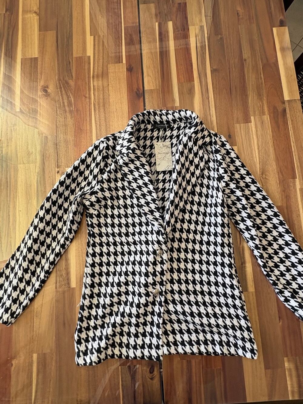 NWT Black White Houndstooth Double Button Blazer Jacket Size M